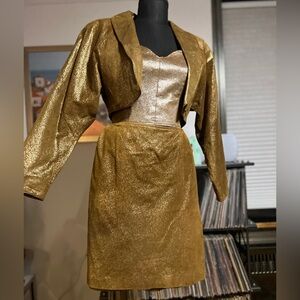 Vintage 80s Metallic Gold /Brown Suede 3 Piece Skirt Set  by  Pelle Studios